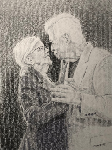 Black and white portrait drawing of a couple dancing